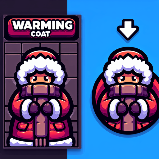 icon for santa with a thick warm coat, but his face is very cold, on a circle, with the text at top: "warming coat", cartoon Single Game Texture. In-Game asset. 2d. Blank background. High contrast. No shadows.