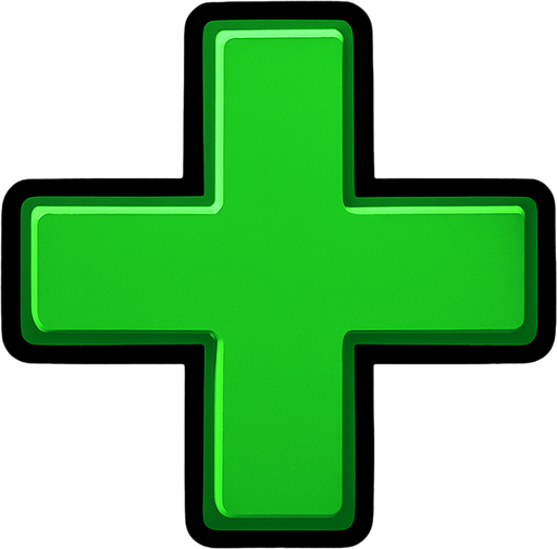 Un signo de más en verde.
In-Game asset.  2d.  High contrast.  No shadows