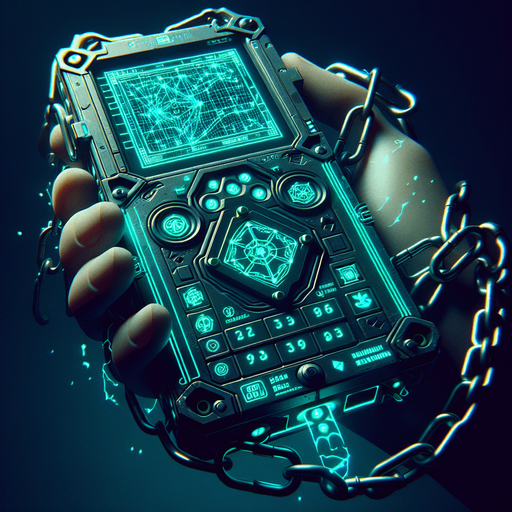 A POV perspective of a retro-futuristic handheld device, its screen glowing softly with greenish-blue digital patterns. The design features a blocky, cyberpunk aesthetic with subtle neon accents along the edges and small, glowing symbols etched into the surface.

Chains around the device are mid-shatter, breaking into faintly glowing fragments that drift away, symbolizing its freedom. The screen flickers with faint digital animations, hinting at its restored functionality without being overly complex. The hand holding the device is faintly lit by the neon glow, with the background melting into a dim, urban cyberpunk haze, emphasizing the sleek yet gritty retro-futuristic vibe..
Single Game Texture. In-Game asset. 2d. Blank background. High contrast. No shadows.