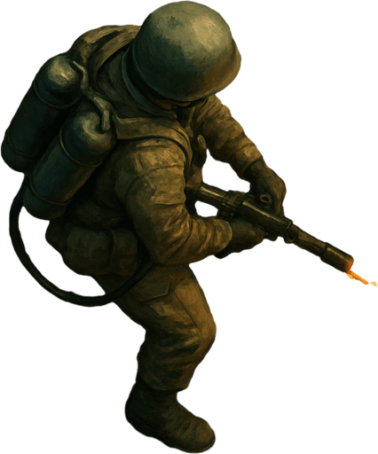 Army soldier with flamethrower, top view from drone