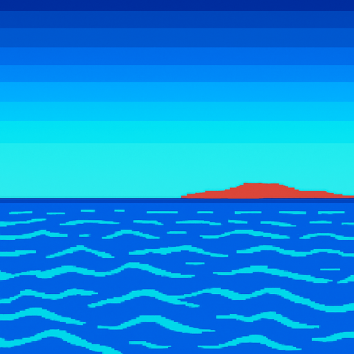 Above water ocean background showing clear sky with gradient and land far away against the horizon. Minimal detail.  80s arcade machine graphics..
In-Game asset.  2d.  High contrast.  No shadows