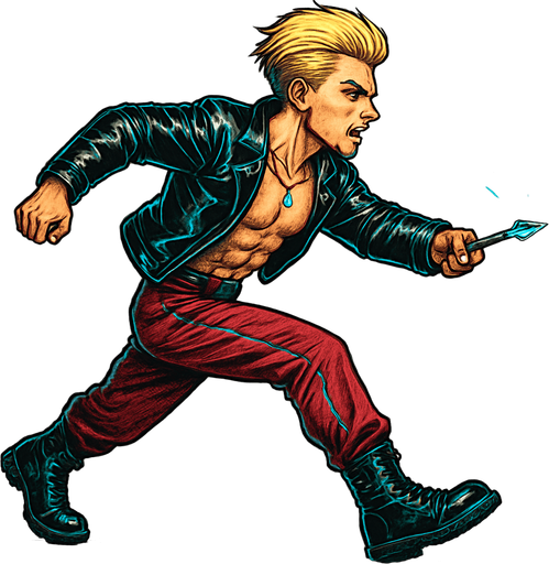 Arm positions & leg positions switched, reversed, Cyberpunk manga, side profile view running animation frames, shiny black leather biker jacket longsleeves shirtless thin abs pecs necklaces gemstone tipped wand, action shot wand pointed straight in front arm extended wand casting spell fierce fashion pose animation blonde undercut pompadour, vampire fangs, wine red joggers, combat boots, Background removed, "Full-body character, entirely in frame, no cropping of face, head, or feet" "Complete character visible, from head to toe, fully centered in the image" "Entire character, including face and boots, fully within the frame" Character fully contained within a square frame, no edges cut off,