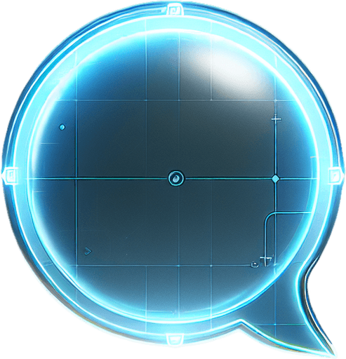 A 2D holographic UI board, viewed from the front, designed like a futuristic speech bubble. It has a flat, semi-transparent surface with a soft blue glow around its edges. The design is minimal and clean, incorporating a subtle holographic effect with smooth light accents, making it ideal for displaying text in a sleek, high-tech style.
Single Game Texture. In-Game asset. 2d. Blank background. High contrast. No shadows.