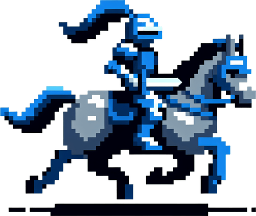 2d 16 bit image the blue knight ride armored grey horse run mode. horizontal image.
Single Game Texture.  In-Game asset.  2d.  Blank background.  High contrast.  No shadows
