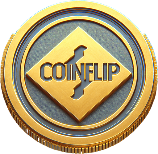 a gold coin saying 'coinflip'.
In-Game asset. 2d. Blank background. High contrast.