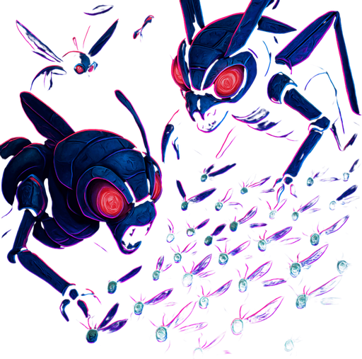 Neon cyberpunk horror anime top down isometric Lokix Nymble robot locusts swarming