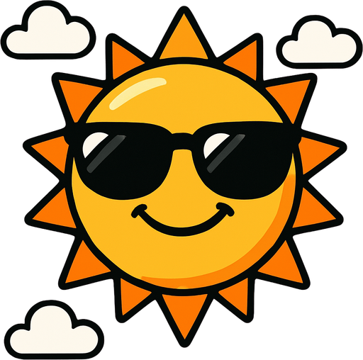 Cielo azul con un sol con lentes de sol.
In-Game asset.  2d.  High contrast.  No shadows