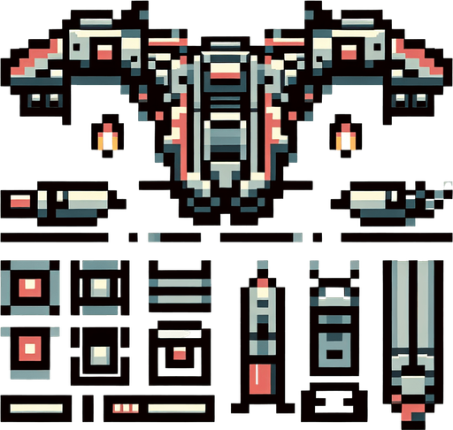 futuristic spaceship old nintendo game sprite.
Single Game Texture.  In-Game asset.  2d.  Blank background.  High contrast.  No shadows