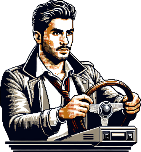 cool looking driver holding a car wheel as if he's driving. 30 years old. vintage retro 1980 style. 3/4 view. pixelated. 8 bit. Single Game Texture. In-Game asset. 2d. Blank background. High contrast. No shadows.