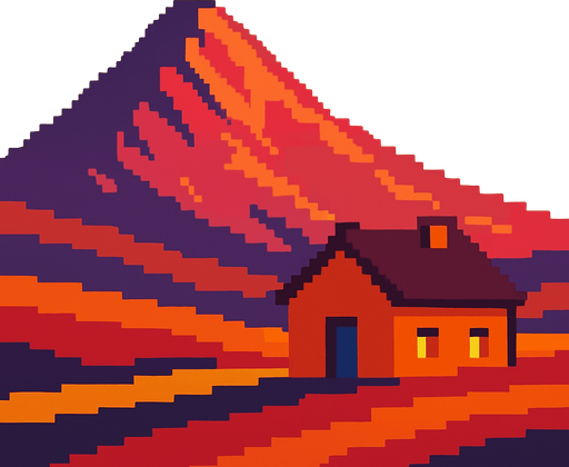 Montaña con casa en atardecer, pixelart.
In-Game asset.  2d.  High contrast.  No shadows