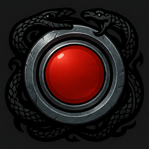 Metallic button frame, black snake patterns around, red middle of the button, metal gray frame.
In-Game asset.  2d.  High contrast.  No shadows