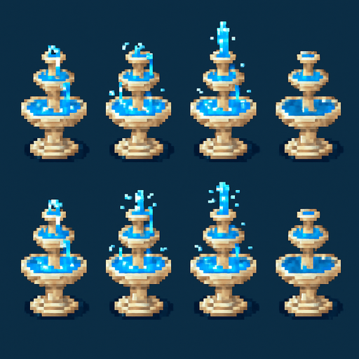 A sprite sheet for a small standing tiered fountain. Sprites for water animation and one with no water. Retro pixel art..
In-Game asset.  2d.  High contrast.  No shadows