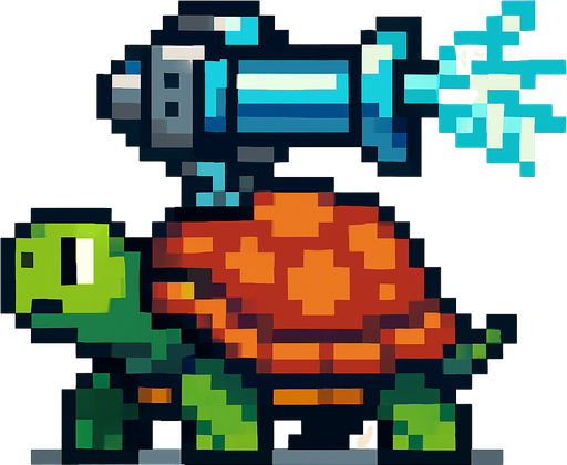 a turtle with an ice gun on her shell, pixelart.
In-Game asset.  2d.  High contrast.  No shadows
