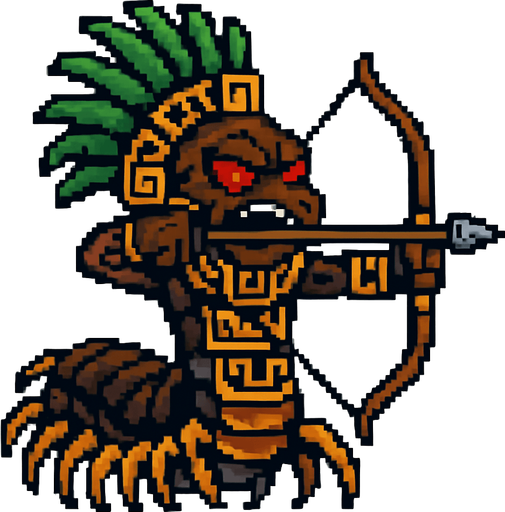 Genérame una Ciempies gigante amazonico guerrero azteca con eso patrones, estilo pixelar, con una apariencia maligna, ojos rojos, rabioso. Unidad a distancia, con un arco o cerbatana. Animal.
In-Game asset.  2d.  High contrast.  No shadows