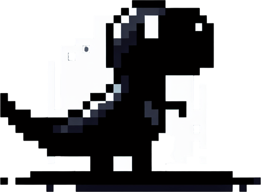 sağa dönük simsiyah pikselli dinozor.
Single Game Texture.  In-Game asset.  2d.  Blank background.  High contrast.  No shadows