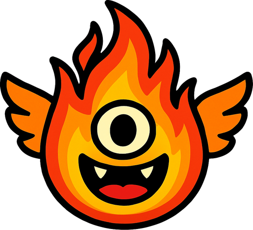 fuego con alas, ojo y boca.
In-Game asset.  2d.  High contrast.  No shadows