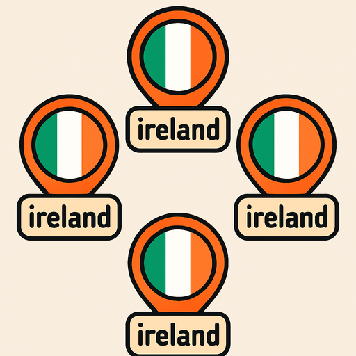 A flat, 2D game UI-style asset showing a vertical set of three country pins labeled: "ireland". Each pin includes a circular flag icon above the text label. The layout is columnar, cartoonish, and visually clean. Each pin should be exportable or usable individually for a mobile game's level selection screen..
In-Game asset.  2d.  High contrast.  No shadows
