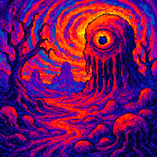 saturated themed psychedelic horror pixelated game style background scene. In-game asset. Surrealistic. dreamy.
In-Game asset