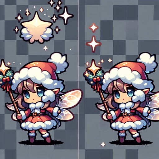 a cute little fairy standing with a santa hat and a magic wand Single Game Texture. In-Game asset. 2d. Blank background. High contrast. No shadows.