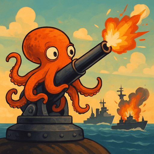 un pulpo naranja frenetico disparandole a buques de guerras encima de un cañon negro.
que se vea el fondo del cielo y el mar pero que no este enojado sino calmado