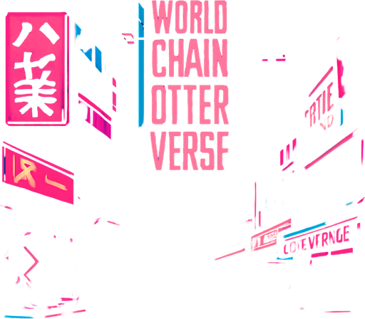 Generate a 4K cyberpunk street market scene at dusk: crowded neon stalls, glowing signage in kanji and Latin scripts, and slick pavement reflecting holographic ads. A towering LED banner proclaims ‘World Chain Otterverse’ in bold angular typography. Add drifting smoke from street food vendors, flickering drone traffic overhead, and a moody violet-cyan color palette—no characters or coins visible..
In-Game asset.  2d.  High contrast.  No shadows