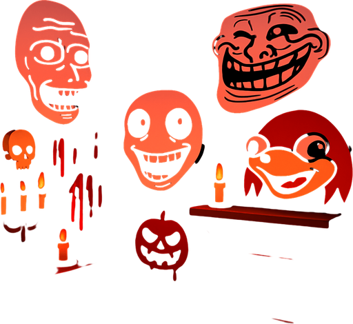 3D Scary room with many 3D decorations around, 3D scary masks of memes around it.
In-Game asset.  3D.  High contrast.  No shadows. no jesus cross. no star of 6. no start of 5. no devil. HD colors