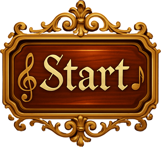Crea un botón visual para la pantalla de inicio de un videojuego llamado Symphony Siege. El botón debe decir "Start" y estar inspirado en una sala de conciertos clásica y elementos musicales. El diseño debe tener un estilo elegante, ligeramente barroco o sinfónico, con detalles dorados y formas suaves. El texto "Start" debe estar centrado y ser legible, con una tipografía estilizada tipo partitura o manuscrito musical. El fondo del botón debe parecer una tecla de piano brillante o una placa de madera de violín. El contorno puede tener detalles dorados o bronces ornamentales. El botón debe emitir una sensación de majestuosidad y armonía, no modernidad ni minimalismo.
In-Game asset.  2d.  High contrast.  No shadows