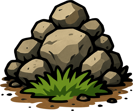 Make a pile of rocks with a grass patch in front of it and dirt scattered.
In-Game asset.  2d.  High contrast.  No shadows