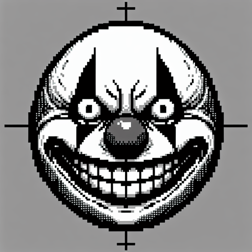 Grinning creepy ball shaped clown face.
Single Game Texture. In-Game asset. 2d. Blank background. High contrast. No shadows. 8 bit