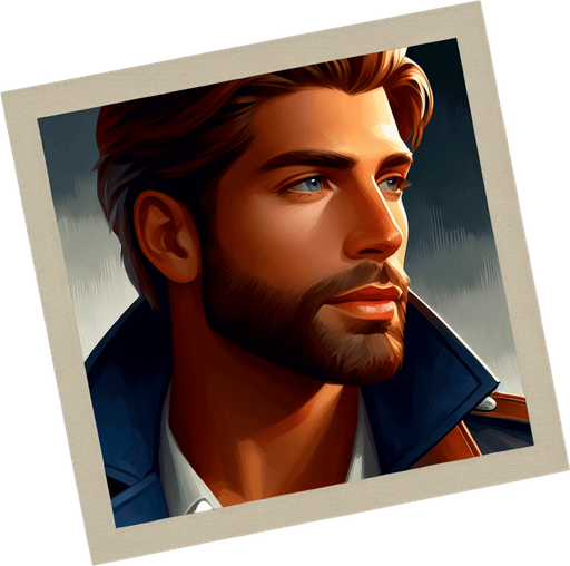 Quadro bonito de um homem bonito.
Single Game Texture. In-Game asset. 2d. Blank background. High contrast. No shadows.