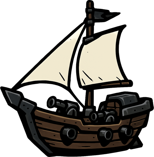 The small warship is fast and agile, designed for quick attacks and evading enemy fire. It has light armor and carries a few small cannons. Its compact size makes it harder to hit but less durable..
In-Game asset.  2d.  High contrast.  No shadows