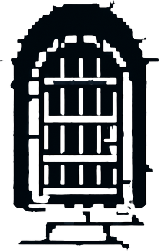 Background image of gate leading into a dark dungeon. Walls are grey and mossy stones. Retro pixel art..
In-Game asset.  2d.  High contrast.  No shadows