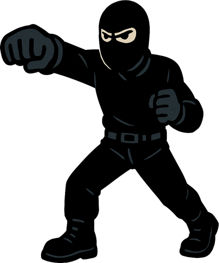 hombre con camisa negra de manga larga, pantalones negros, botas negras y guantes negros y un pasamontañas negro dando un puñetazo..
In-Game asset.  2d.  High contrast.  No shadows