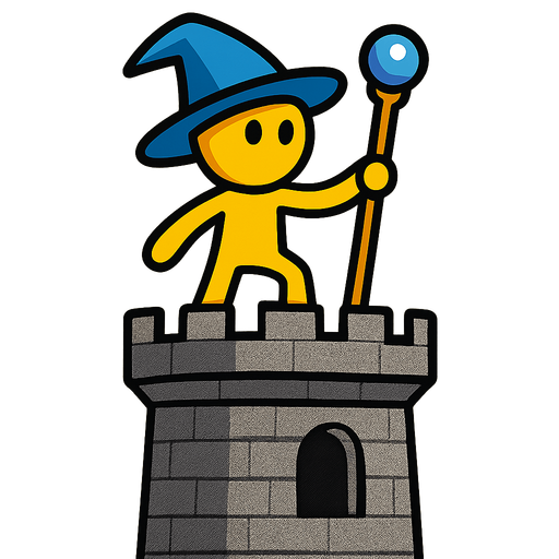 Yellow stickman with an azur wizard hat and staff on a tower.
In-Game asset.  2d.  High contrast.  No shadows