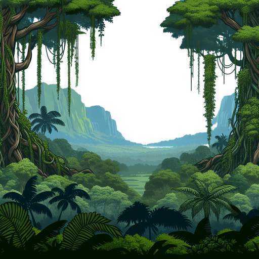 A lush jungle scenery with huge old trees covered in vines and overwrowth, blue sky and forested mountains in the background..
Single Game Texture. In-Game asset. 2d. Blank background. High contrast. No shadows.