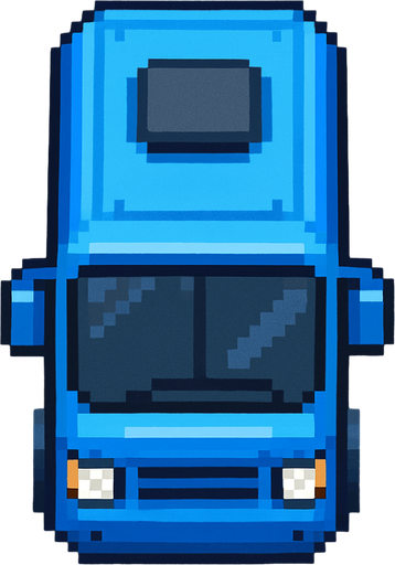 Pixel art mavi otobüs kuş bakışı.
In-Game asset.  2d.  High contrast.  No shadows