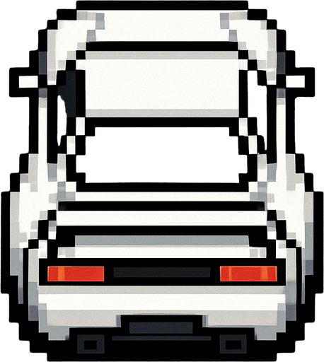 un coche blanco deportivo hecho con pixeles con perspectiva desde arriba de la parte trasera.
In-Game asset.  2d.  High contrast.  No shadows