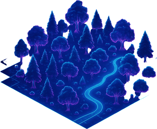 Top down isometric anime cyberpunk forest neon map grid hologram projection