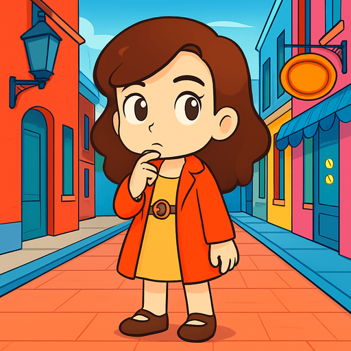 Make her stand still and thinking look on face with finger on her chin