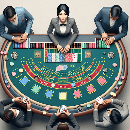 A top down view of one blackjack betting table with one dealer per table. Single Game Texture. In-Game asset. 2d. Blank background. High contrast. No shadows.