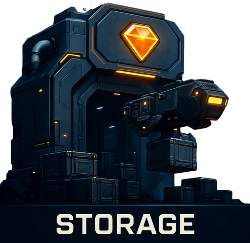 Uzay temalı global Cevher deposu, uzay kargosu, gerçekçi, Altında "Storage" yazsın.
In-Game asset.  High contrast.  No shadows