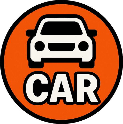 Car yazili araba temali turuncu ve daire bir dugme.
In-Game asset.  2d.  High contrast.  No shadows