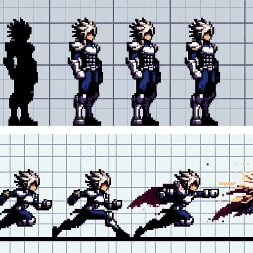 pixelate game hero character, in idle animations, jumping animations, and running animations.
Single Game Texture. In-Game asset. 2d. Blank background. High contrast. No shadows.