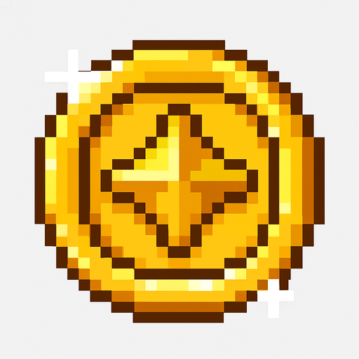 Golden coin sprite, shiny yellow gold surface, circular shape with star or gem symbol in center, pixel art style, slight shine effect or sparkle, collectible item appearance, rotating animation-ready, bright and eye-catching, classic video game coin design, 16-bit aesthetic, transparent background.
In-Game asset.  2d.  High contrast.  No shadows
