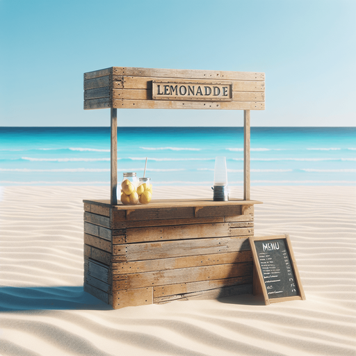 An empty beach side lemonade stand..
Single Game Texture. In-Game asset. 2d. Blank background. High contrast. No shadows.
