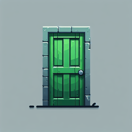 a green door.
Single Game Texture. In-Game asset. 2d. Blank background. High contrast. No shadows.
