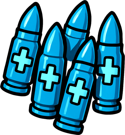 Birden fazla mermi, üzerinde + işareti olsun ve mavi olsun
In-Game asset.  2d.  High contrast.  No shadows