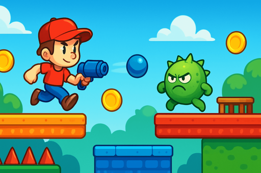 Fullscreen modern App Store landscape banner, 16:9, high definition, for a game titled "Jump & Shoot Adventure" and with the description "Run, jump and shoot through colorful platforms! Defeat enemies with bouncing balls, avoid obstacles, and reach the table to advance levels. You have 10 lives to complete your mission!". No text on banner!