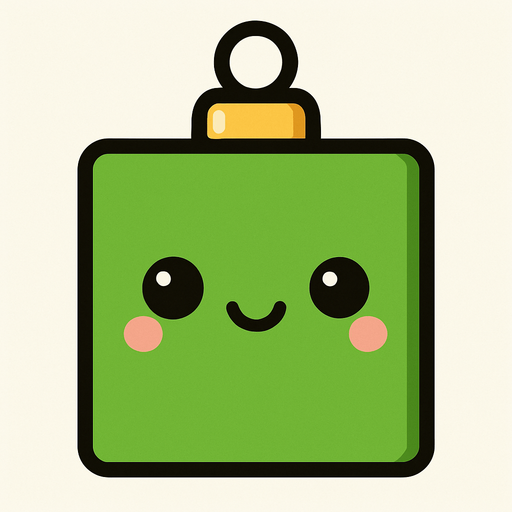 Perfectly square bright green Christmas decoration with cute happy face. Cartoon style. Cute art style. Simple vector style. No Shadows