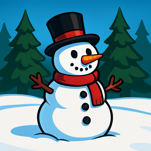 a cartoon style 3d image of a snowman in a field with pine trees in the background. no people..
In-Game asset.  2d.  High contrast.  No shadows
